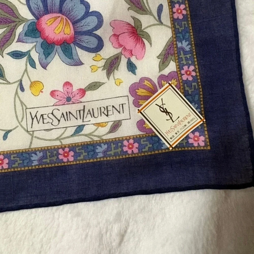 Vtg YVES SAINT LAURENT Scarf Handkerchief Floral Cotton Navy Blue 18.5